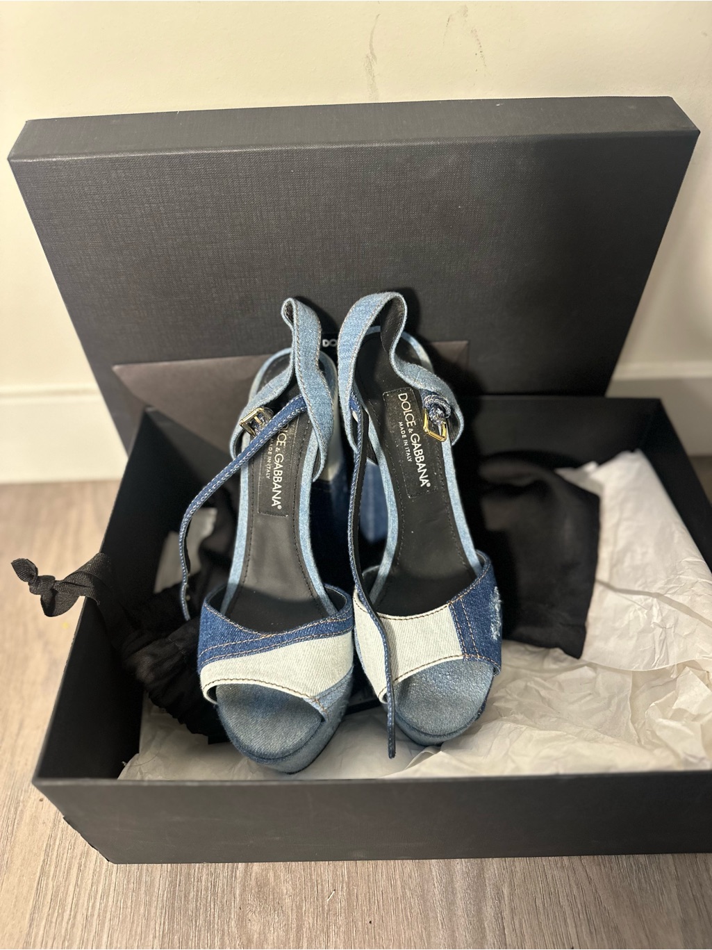 Dolce & Gabbana Two-Tone Denim Peep-Toe Slingback Heels